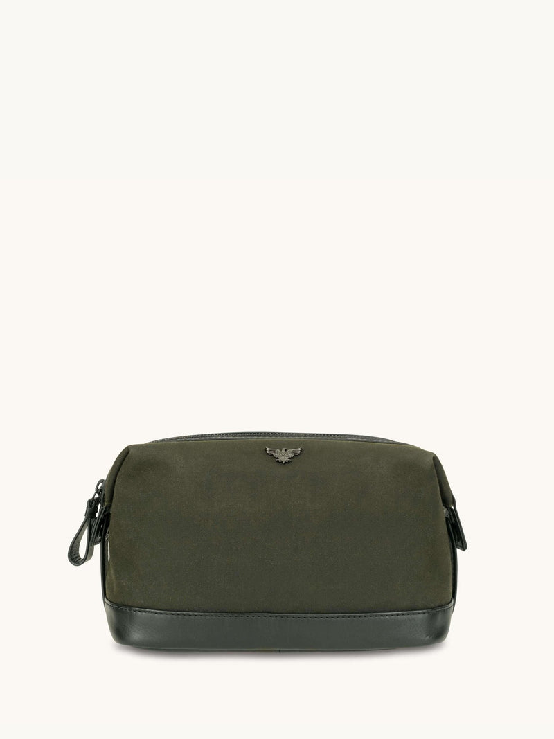 Apatchy Green waxed canvas and leather wash bag, imported from the UK