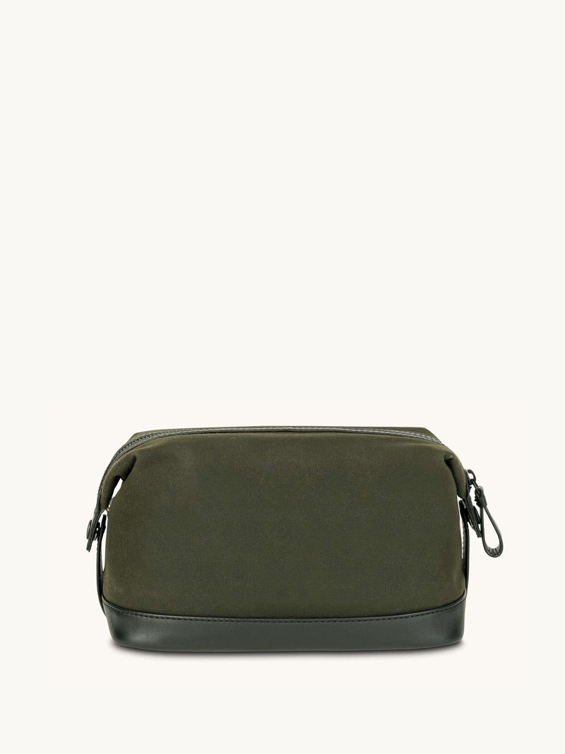 Apatchy Green waxed canvas and leather wash bag, imported from the UK