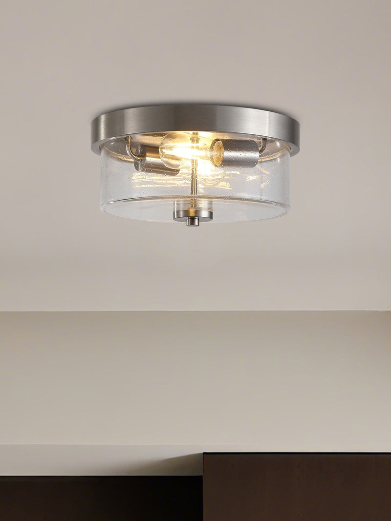 Searchlight satin silver flush ceiling light with seeded glass shade, UK version