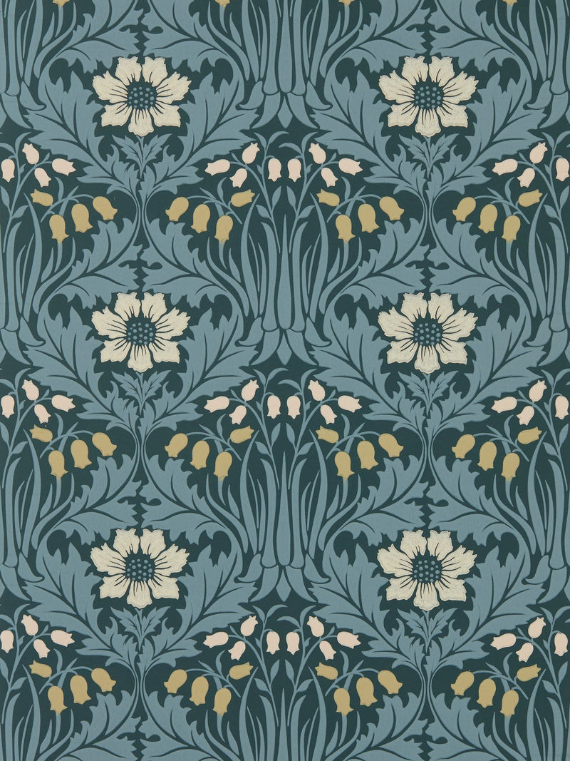 Morris & Co Indigo Anemone wallpaper 10m roll, imported from the UK