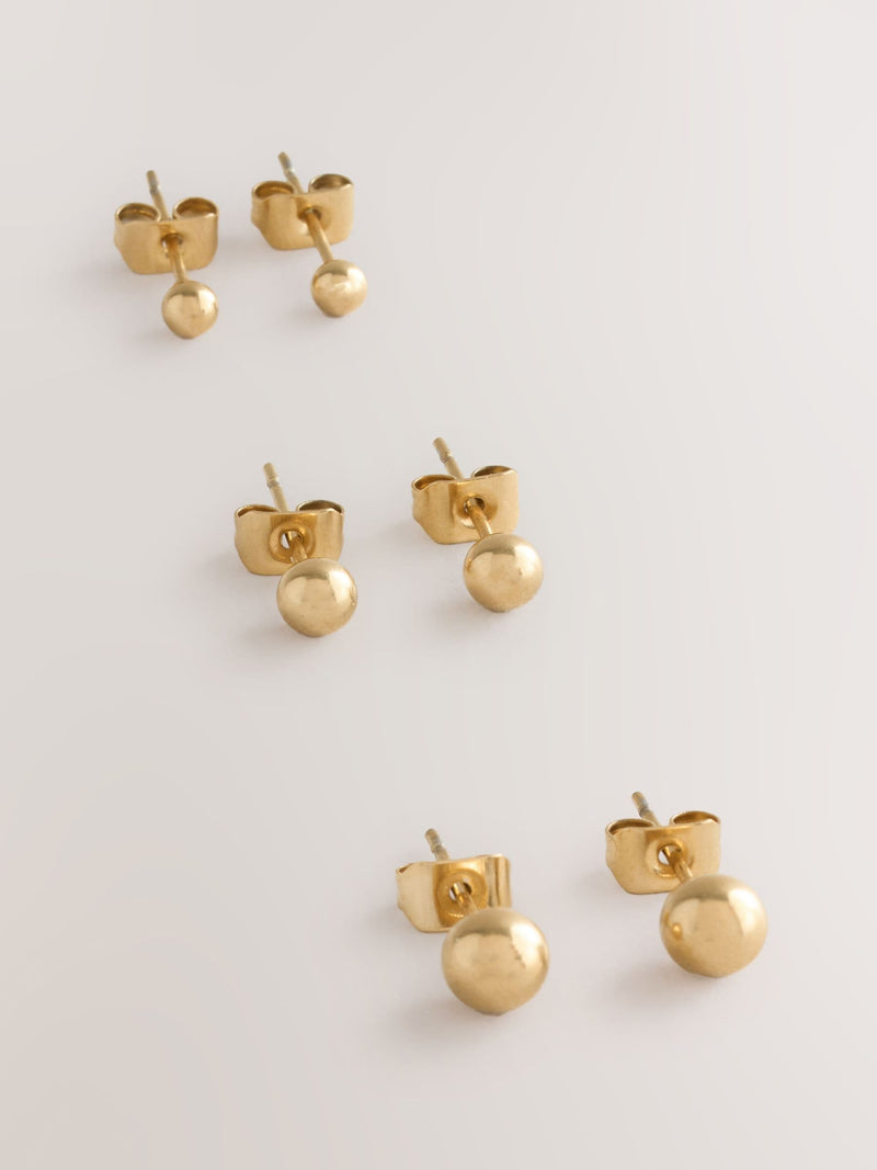 Gold tone waterproof stainless steel ball stud earrings 3 pack (British brand)