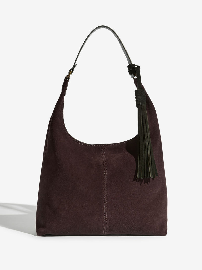 Friends Like These chocolate brown suede mini shoulder bag, imported from the UK