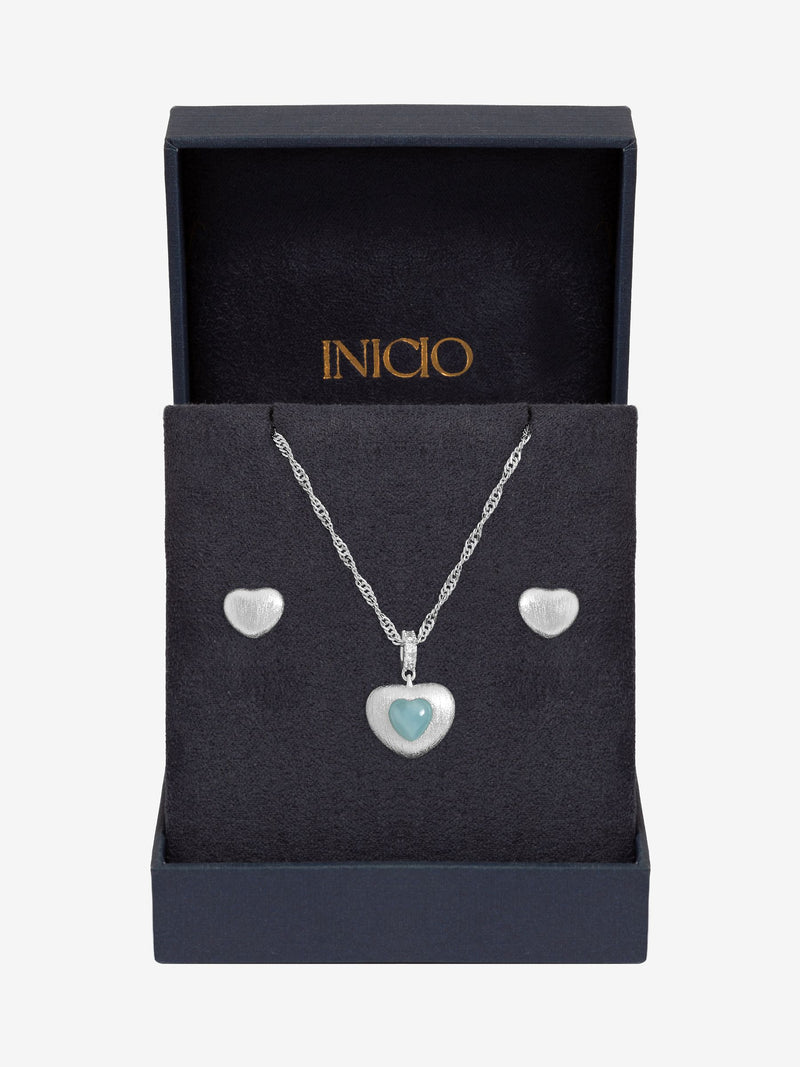 Inicio silver satin heart set necklace and earrings (British brand)