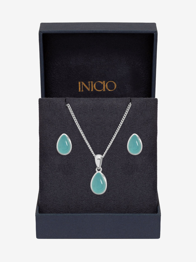 Inicio turquoise peardrop jewellery set in gift box (British brand)