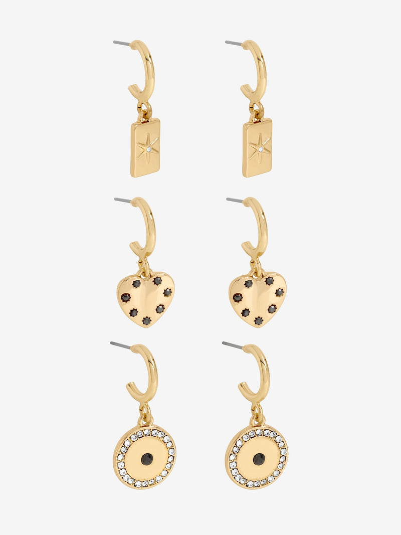 Mood gold tone heart charm earrings pack of 3, UK version