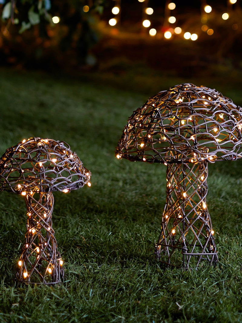 Lights4fun brown rattan mushroom garden light duo 30cm and 40cm (British brand)