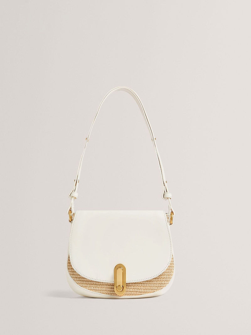 Ted Baker cream shoulder bag with twist lock and raffia trim, UK version