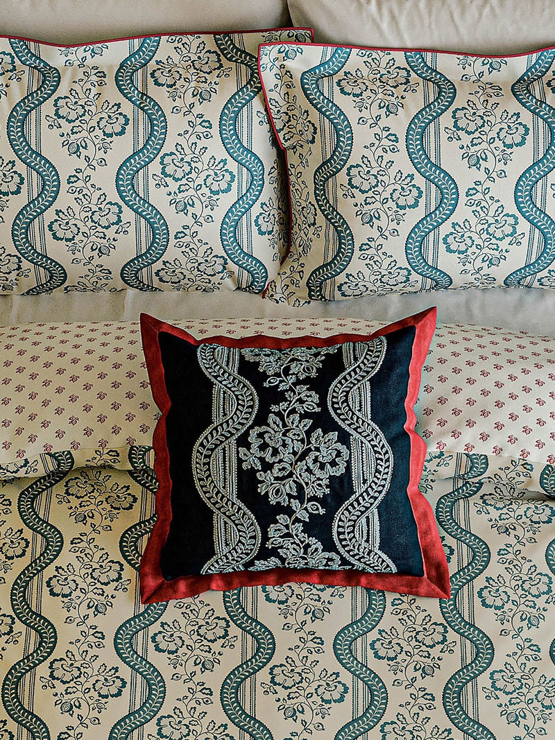 Sanderson Aubrey cushion indigo embroidered leaf trail 45x45cm, UK version