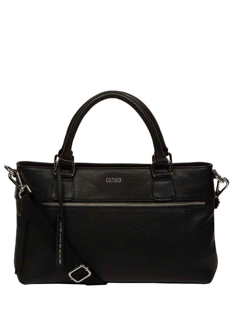 Cultured London Black Aviana leather grab bag, imported from the UK