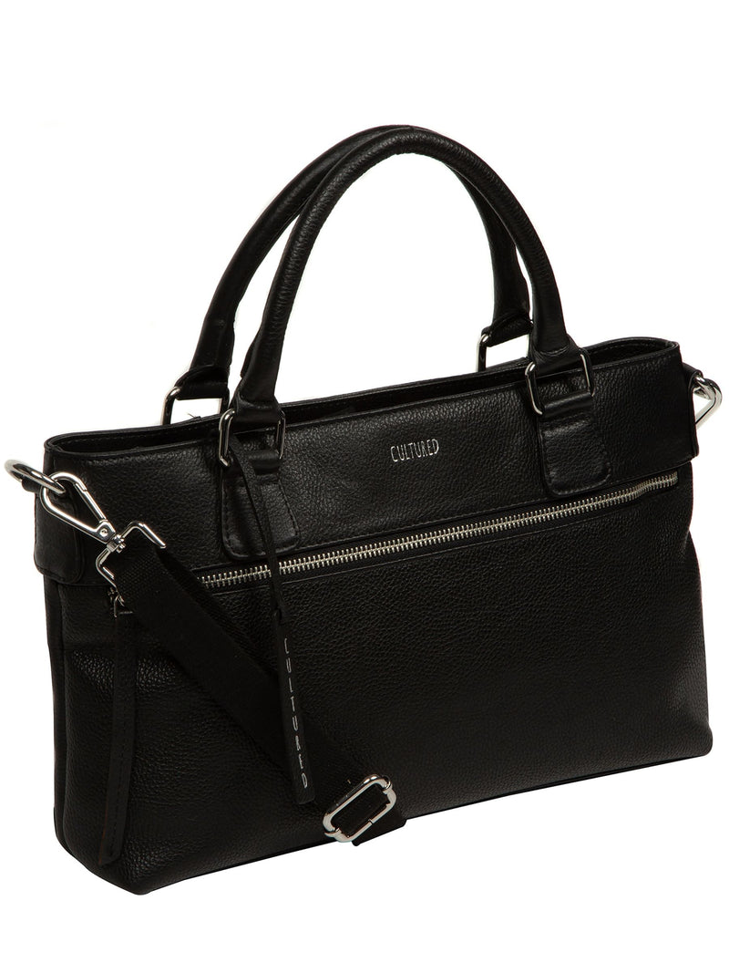 Cultured London Black Aviana leather grab bag, imported from the UK
