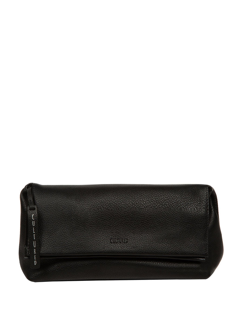 Cultured London black Isabetta leather clutch bag, imported from the UK