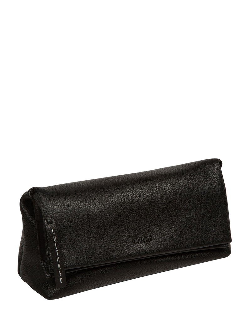 Cultured London black Isabetta leather clutch bag, imported from the UK