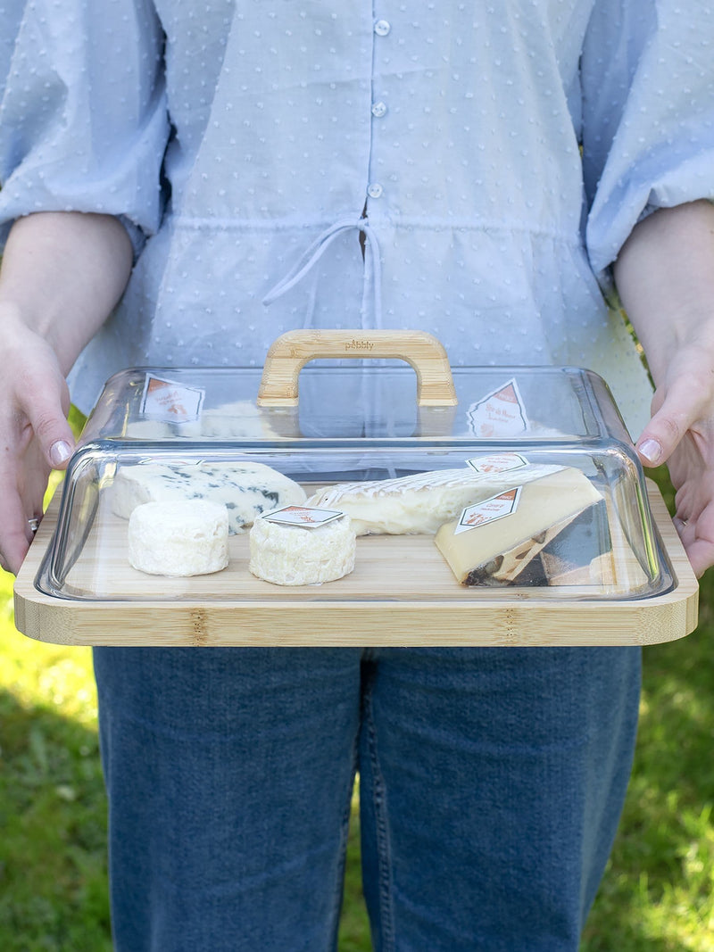 Pebbly Clear glass and bamboo cheese box, imported from the UK