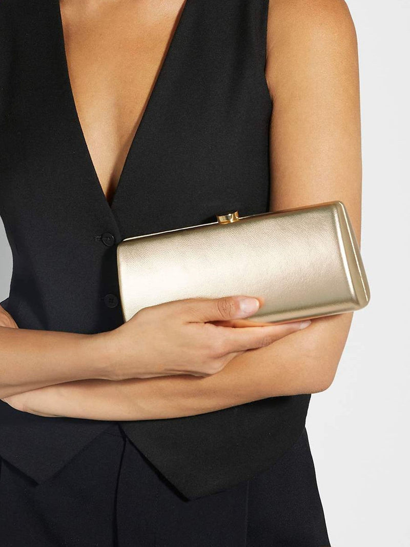 Dune London gold Belinda clutch bag with DD clasp, imported from the UK