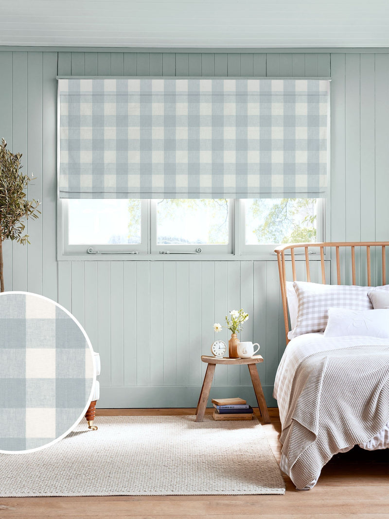 Sophie Allport pale blue gingham roman blind, imported from the UK