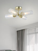 Next Searchlight Satin Brass Barron 4 Light Flush Ceiling Light with Ribbed Glass Shades- Buy online at McGrocer