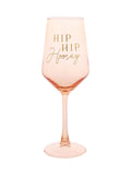 Widdop light peach wine glass with gold Hip Hip Hooray decal, imported from the UK