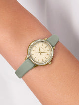 Next Radley Green Pale Gold Plated Stone Set Case Pistachio Leather Strap Watch- Buy online at McGrocer