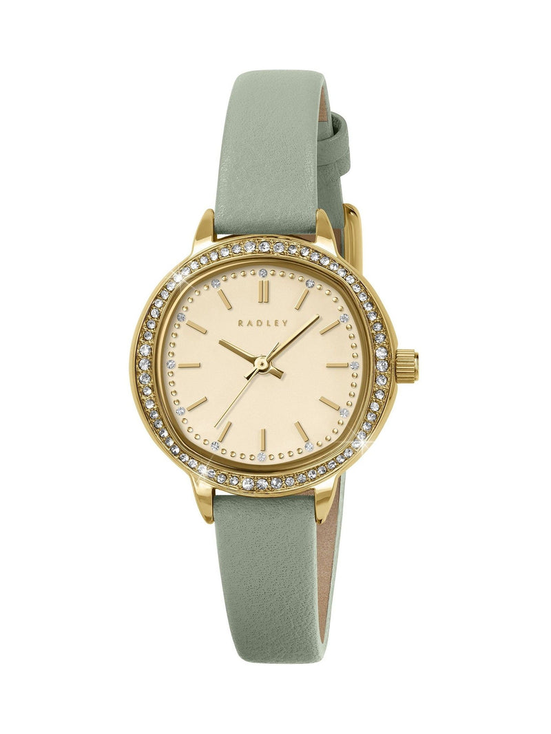 Radley watch with pale gold case and pistachio strap, UK version