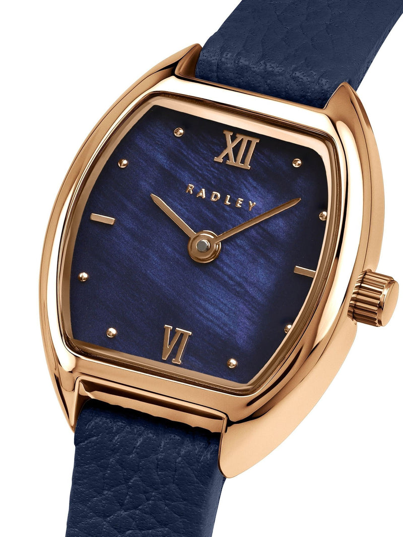 Radley rose gold tonneau watch with navy leather strap - British product