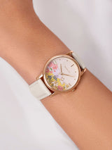 Next Radley White Spring Meadows Rose Gold Plated Salt Leather Strap Watch- Buy online at McGrocer