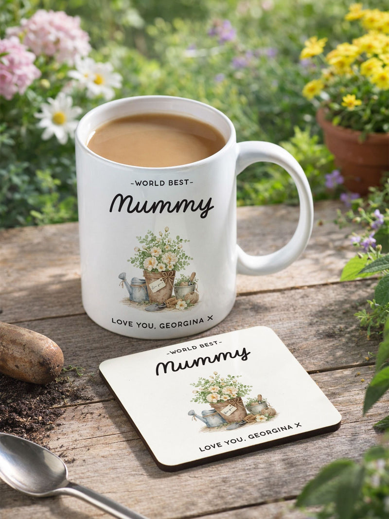 Personalised flower mug and coaster set 11oz, imported from the UK