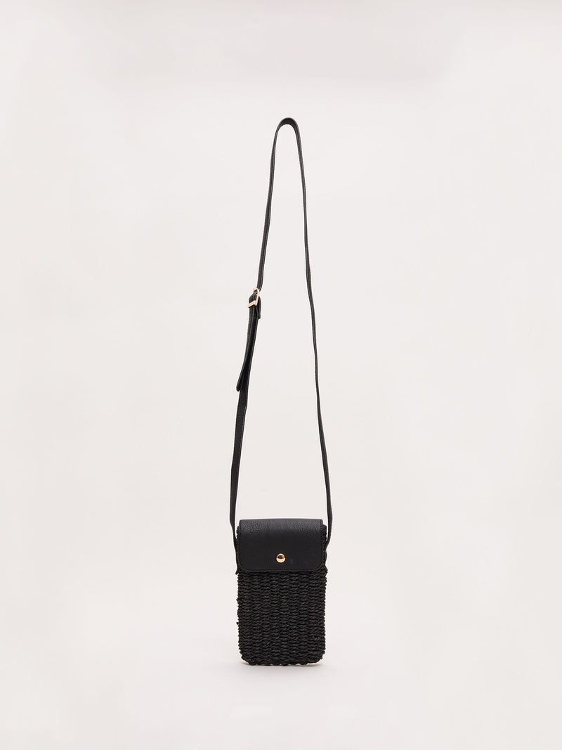 Phase Eight black straw cross-body phone case, imported from the UK