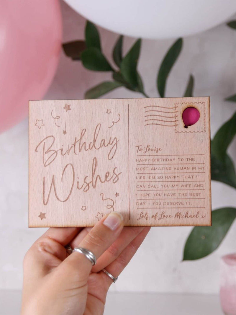 No Ordinary Gift personalised wooden postcard birthday wishes 14.5x10cm, UK version