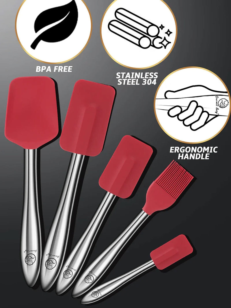 Red silicone kitchen utensil set with spoonula and brush - British product