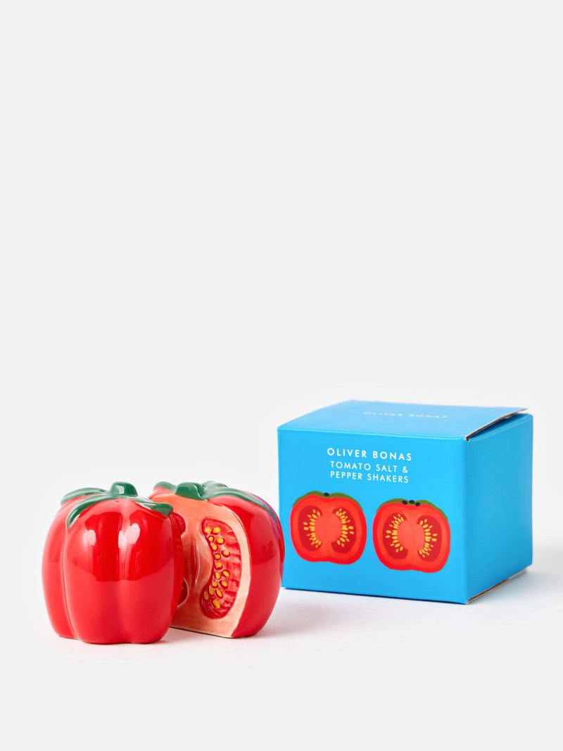 Oliver Bonas red tomato ceramic salt and pepper shakers, imported from the UK
