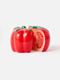 Oliver Bonas red tomato ceramic salt and pepper shakers, imported from the UK