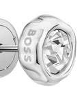 BOSS Kassy earrings in silver tone stainless steel with crystal centre, UK version
