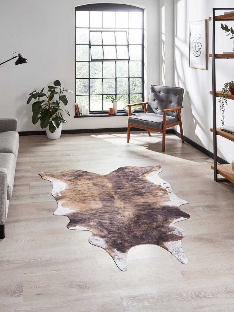 Think Rugs brown faux cow print rug soft pile - British product
