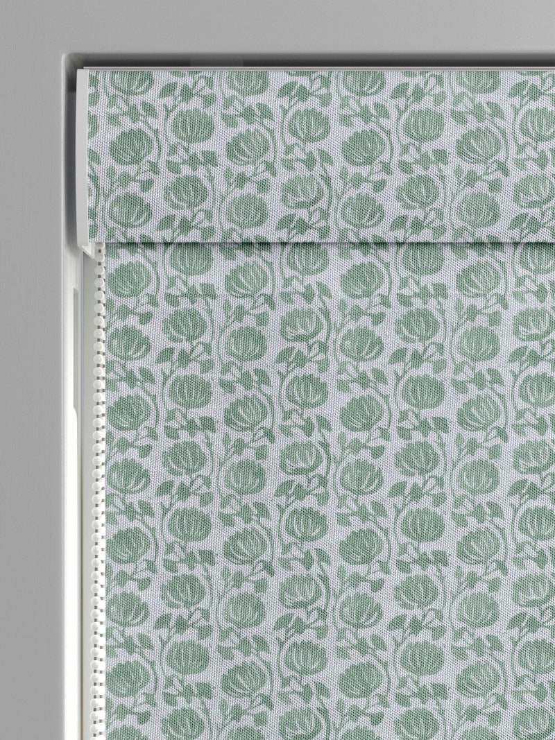Eliza roman blind in seafoam blue with floral pattern, UK version