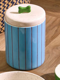Oliver Bonas ceramic pet treat jar blue burgundy striped 19cm, imported from the UK