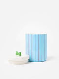 Oliver Bonas ceramic pet treat jar blue burgundy striped 19cm, imported from the UK