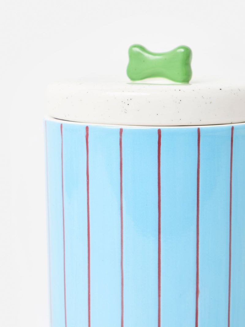 Oliver Bonas ceramic pet treat jar blue burgundy striped 19cm, imported from the UK