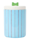 Oliver Bonas ceramic pet treat jar blue burgundy striped 19cm, imported from the UK