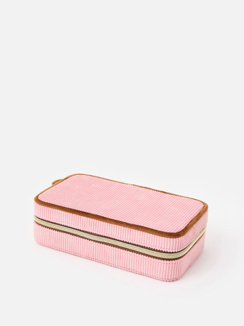 Oliver Bonas pink brown corduroy large rectangle jewellery box, imported from the UK