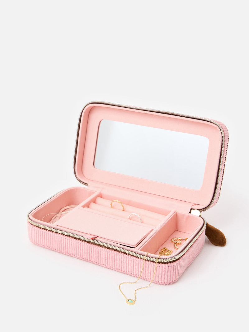 Oliver Bonas pink brown corduroy large rectangle jewellery box, imported from the UK