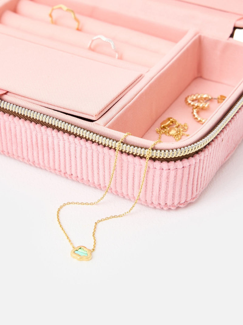 Oliver Bonas pink brown corduroy large rectangle jewellery box, imported from the UK