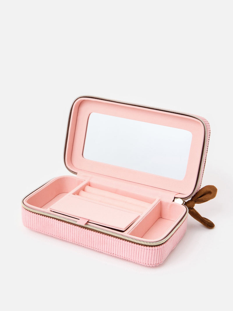 Oliver Bonas pink brown corduroy large rectangle jewellery box, imported from the UK
