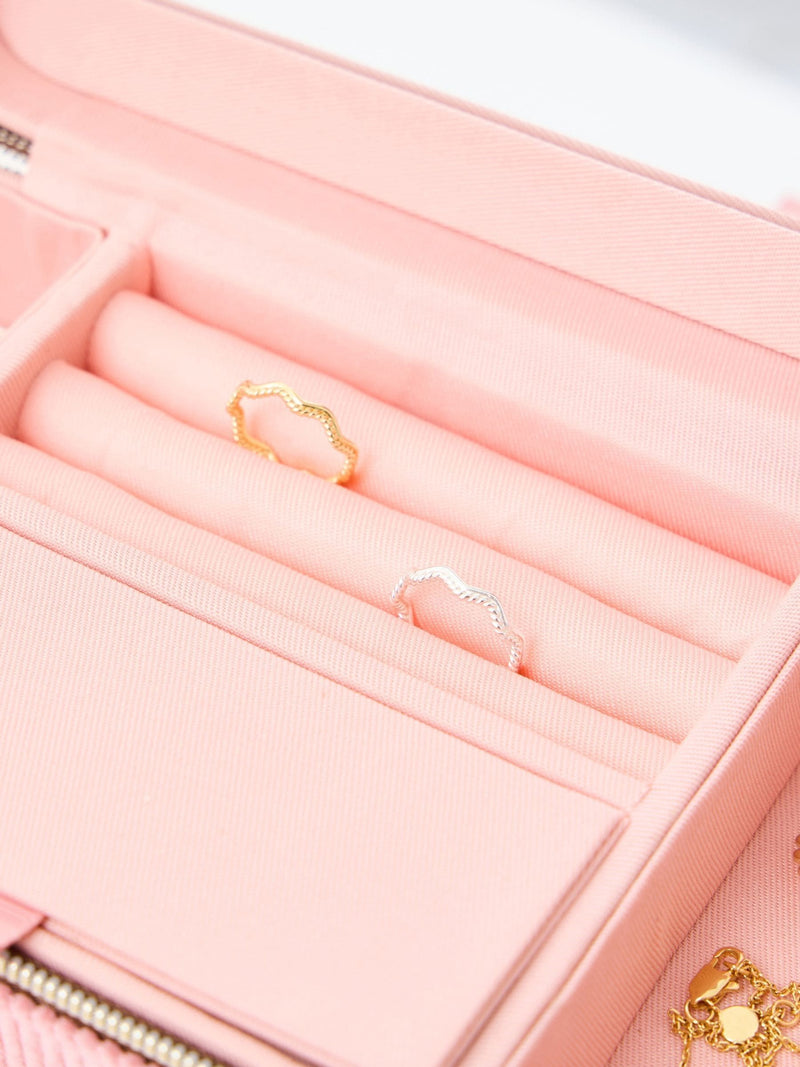 Oliver Bonas pink brown corduroy large rectangle jewellery box, imported from the UK