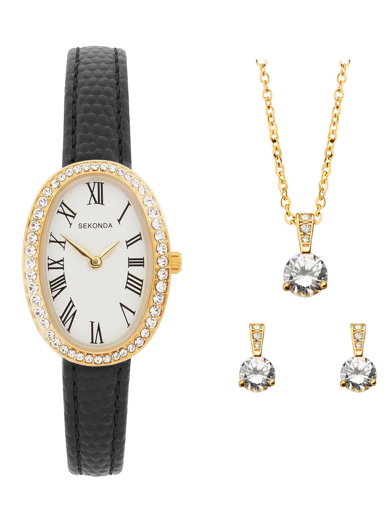 Sekonda Bellamy oval watch with black strap and gift set (British brand)