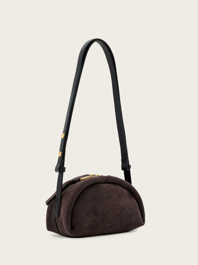 AllSaints Rosalie suede cross-body bag brown, imported from the UK