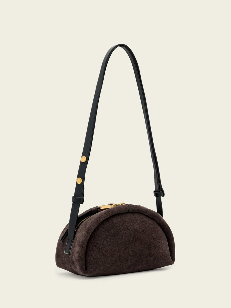 AllSaints Rosalie suede cross-body bag brown, imported from the UK