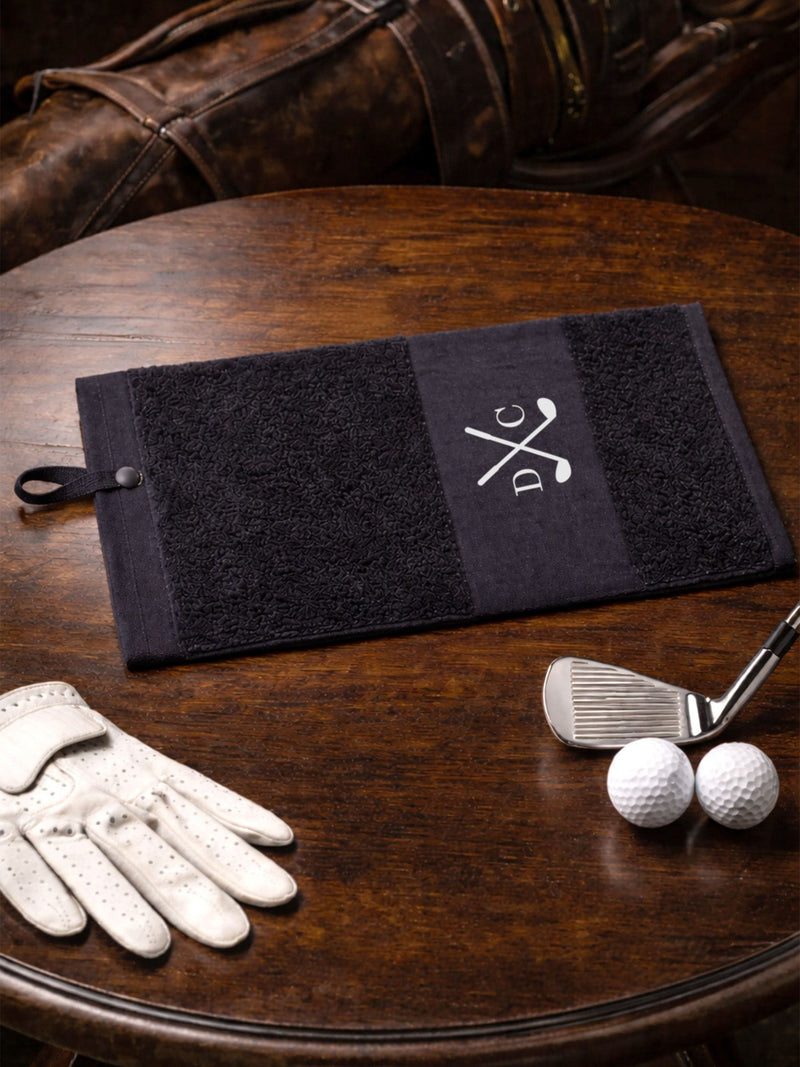 Loveabode black golf towel, imported from the UK