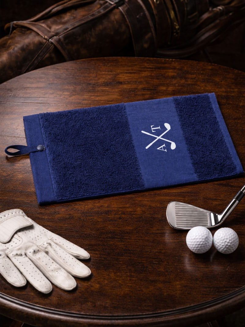 Loveabode personalised navy golf towel, UK version