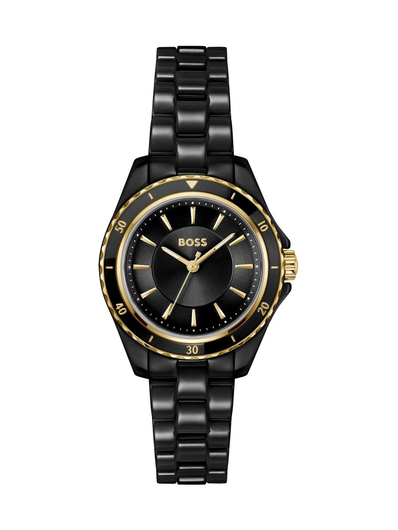 BOSS women's black ceramic watch with sunray dial, UK version