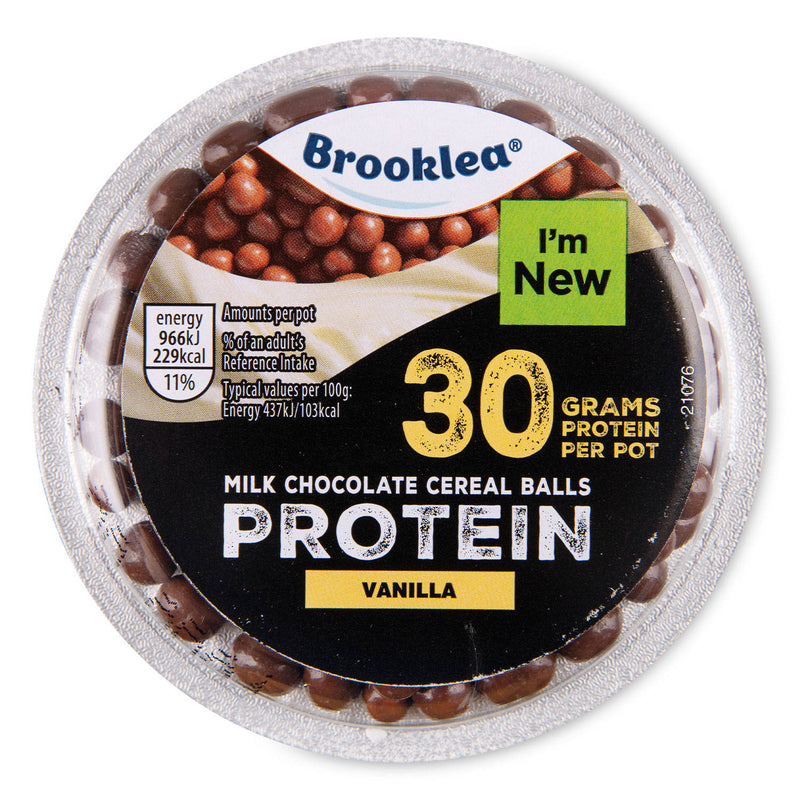 Vanilla flavoured protein yogurt with milk chocolate balls (British brand)